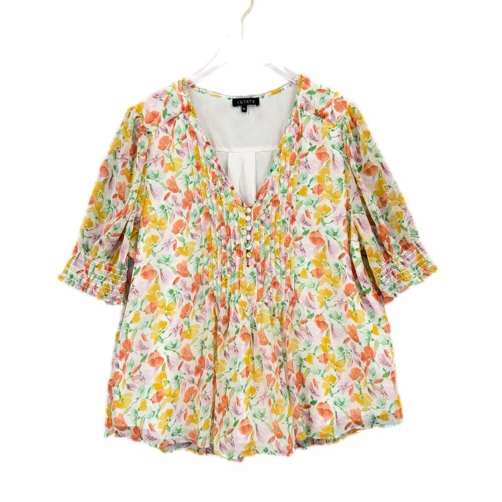 1.State White Multicolor Bright Pintuck Pleat Floral Feminine Smocked Blouse